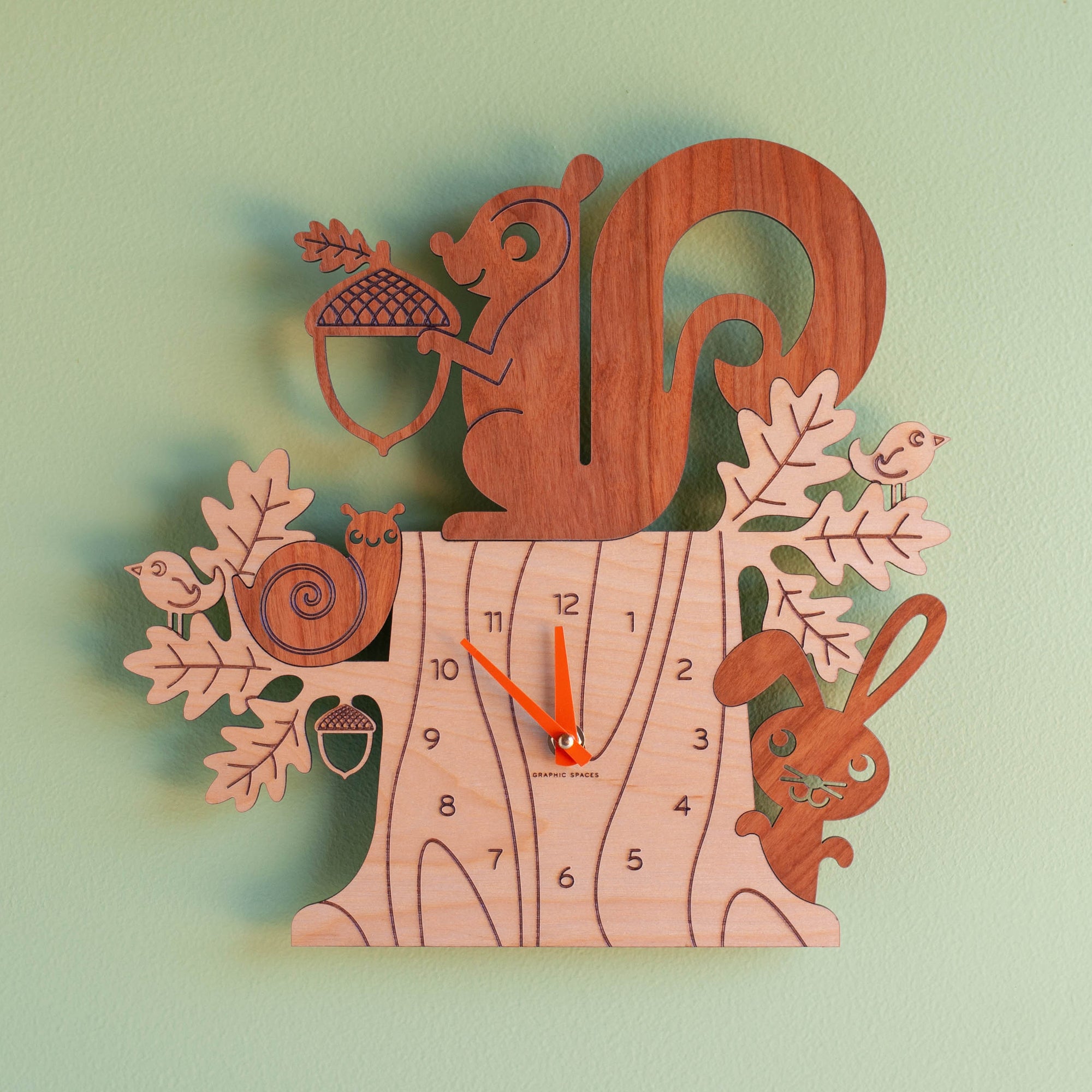 Wooden Squirrel Nursery Wall Clock, Chocolate Hands.