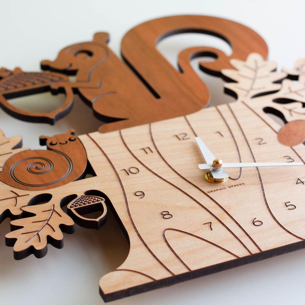 Wooden Squirrel Nursery Wall Clock, White Hands.