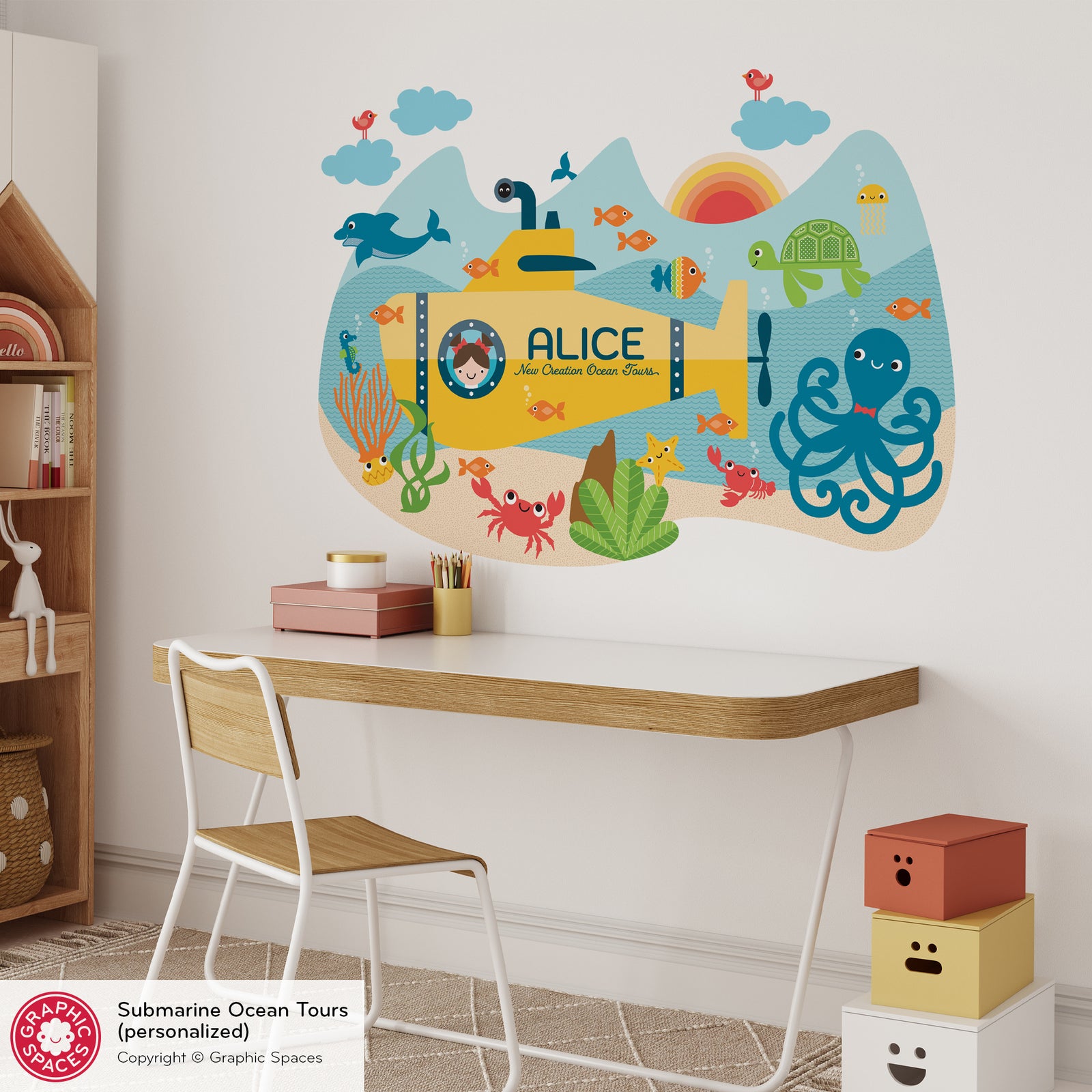 Kids Wall Decal - Submarine Underwater Adventure (Personalized, Girl) - Graphic Spaces
