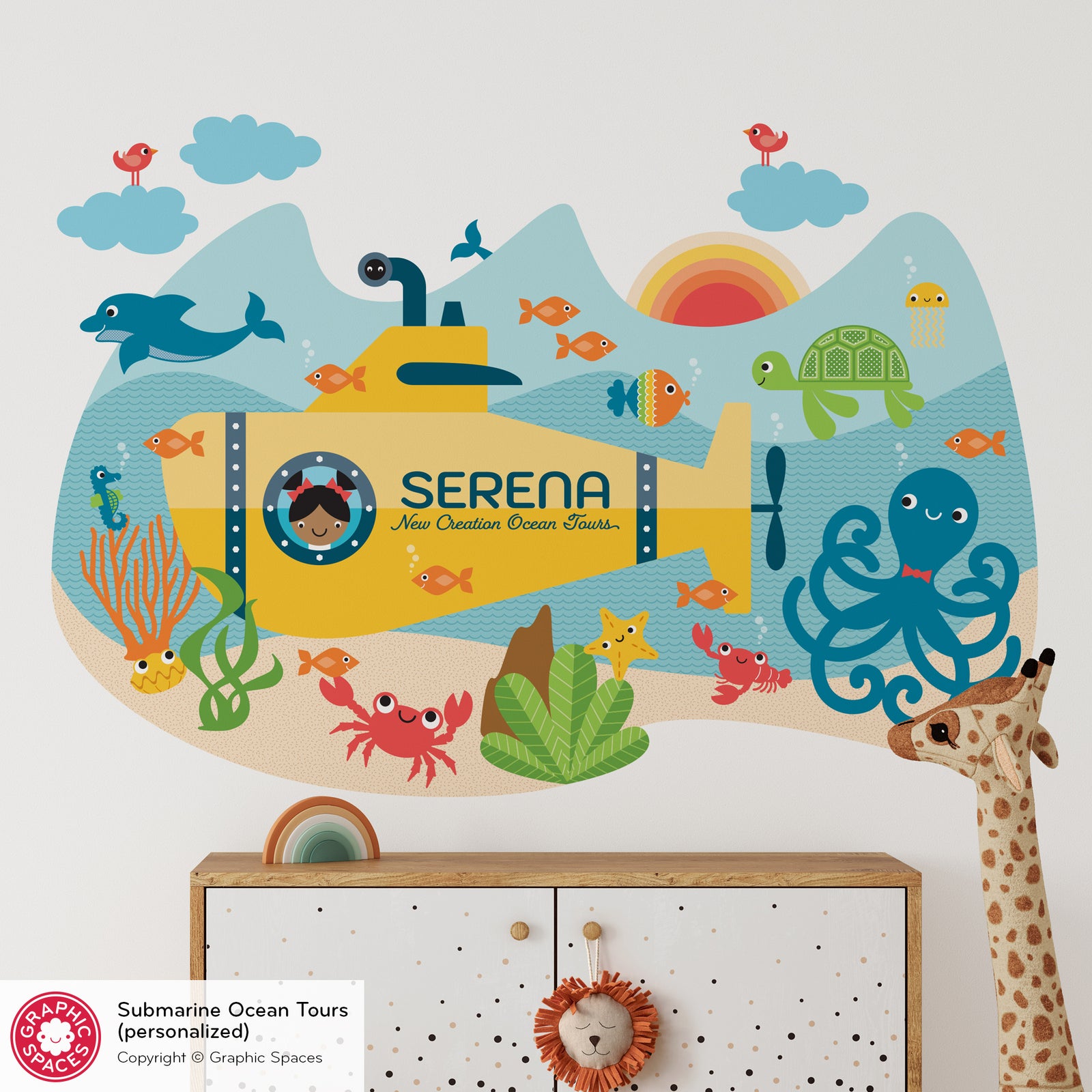 Kids Wall Decal - Submarine Underwater Adventure (Personalized, Girl) - Graphic Spaces