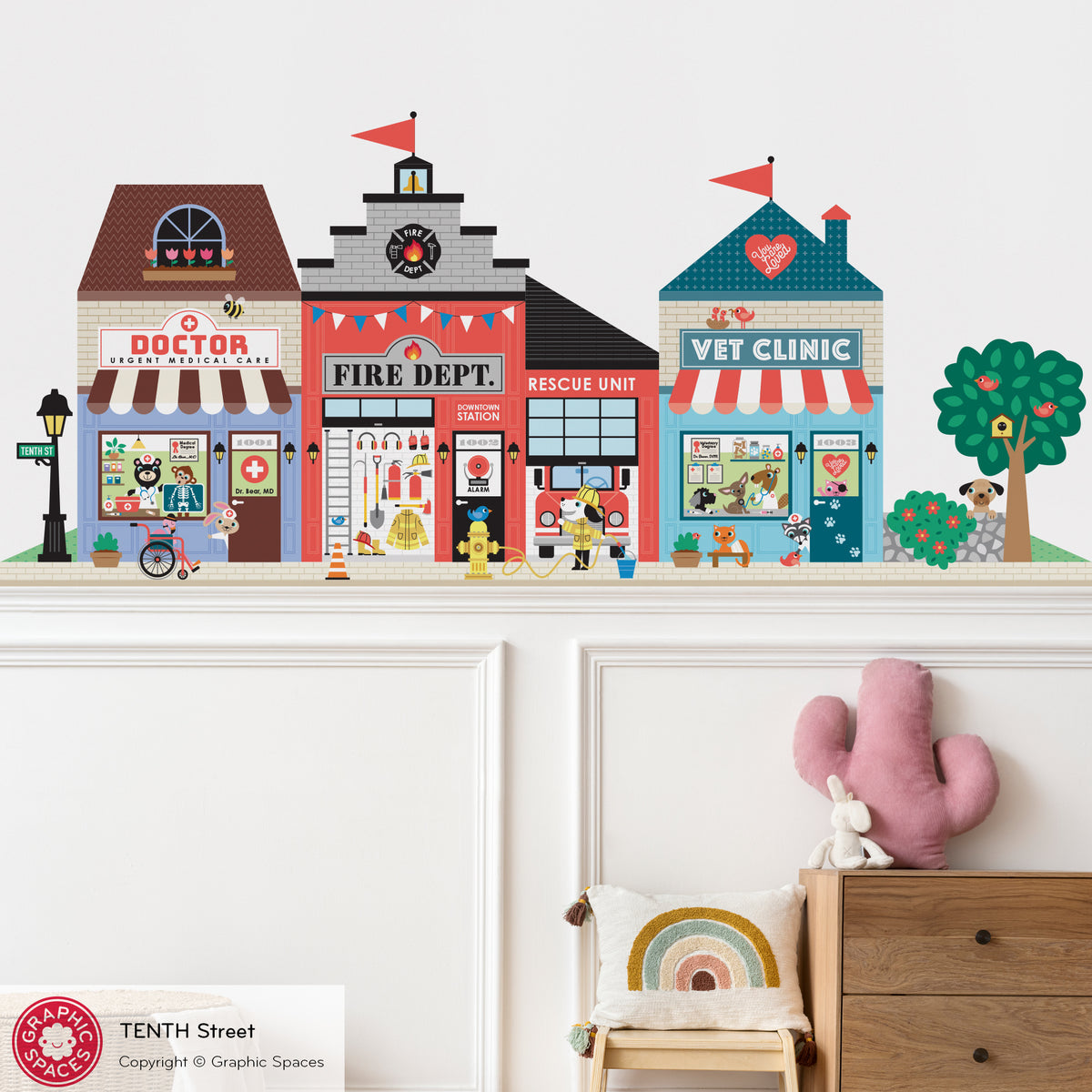 Happy Town Fabric Wall Decals - Tenth Street (Doctor, Fire Station, Vet)