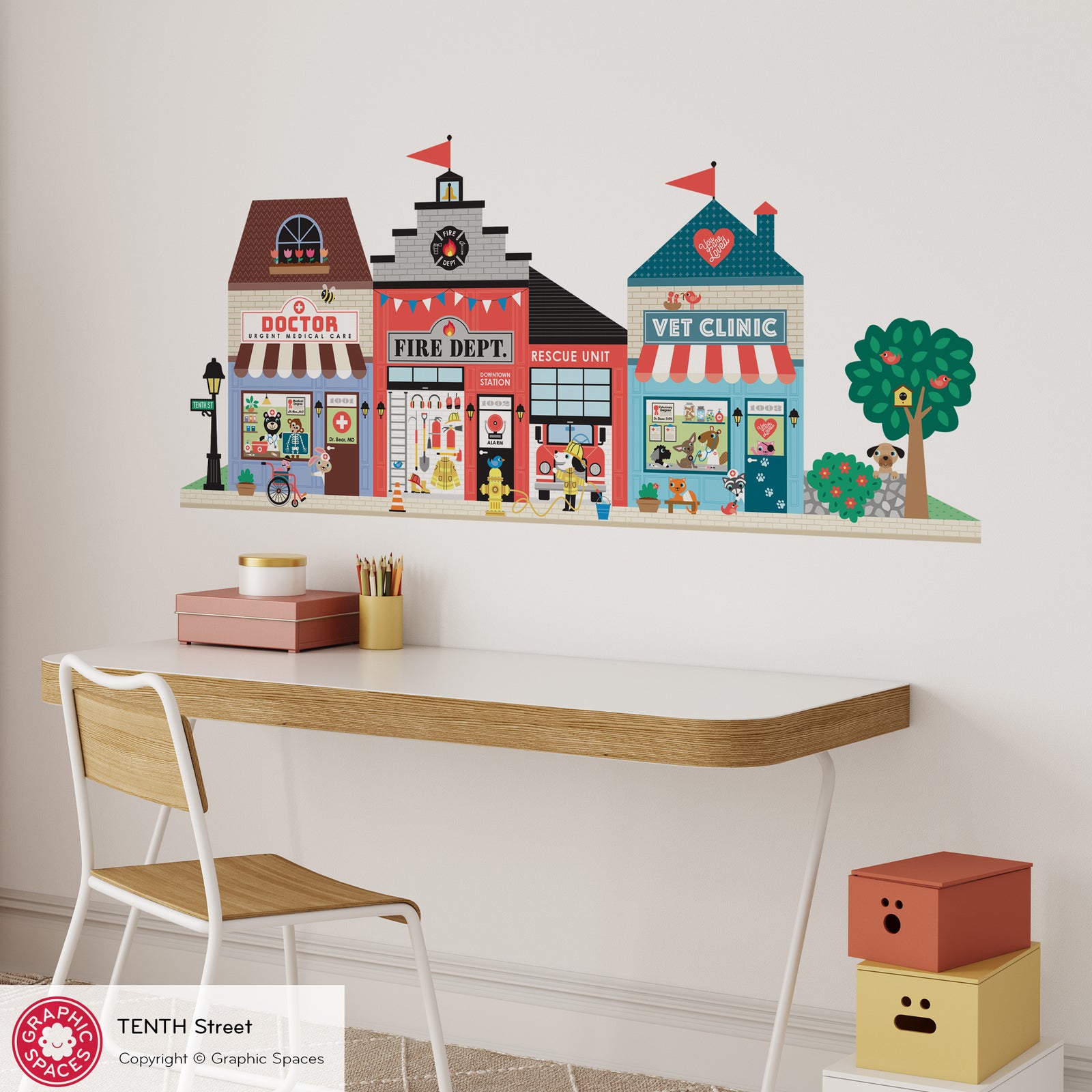 Kids Wall Decal - Happy Town 10th St (Doctor Office, Fire Department, Veterinary Clinic) - Graphic Spaces