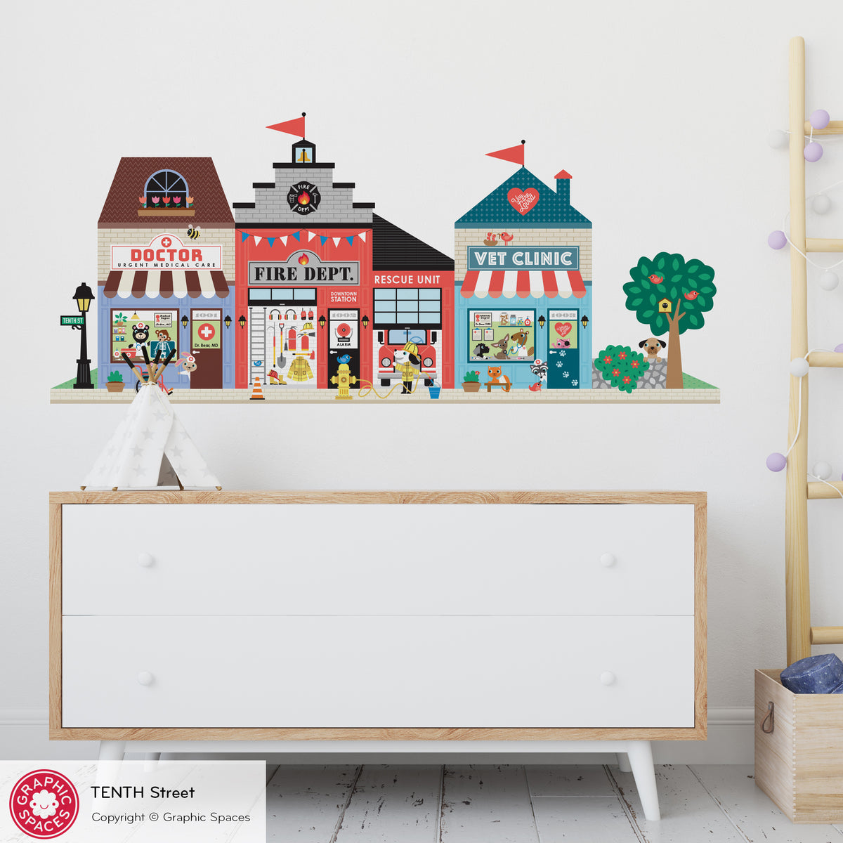 Happy Town Fabric Wall Decals - Tenth Street (Doctor, Fire Station, Vet)