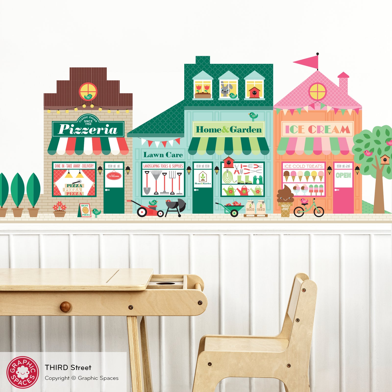 Kids Wall Decal - Happy Town 3rd St (Pizzeria, Home & Garden Store, Ice Cream Shop) - Graphic Spaces