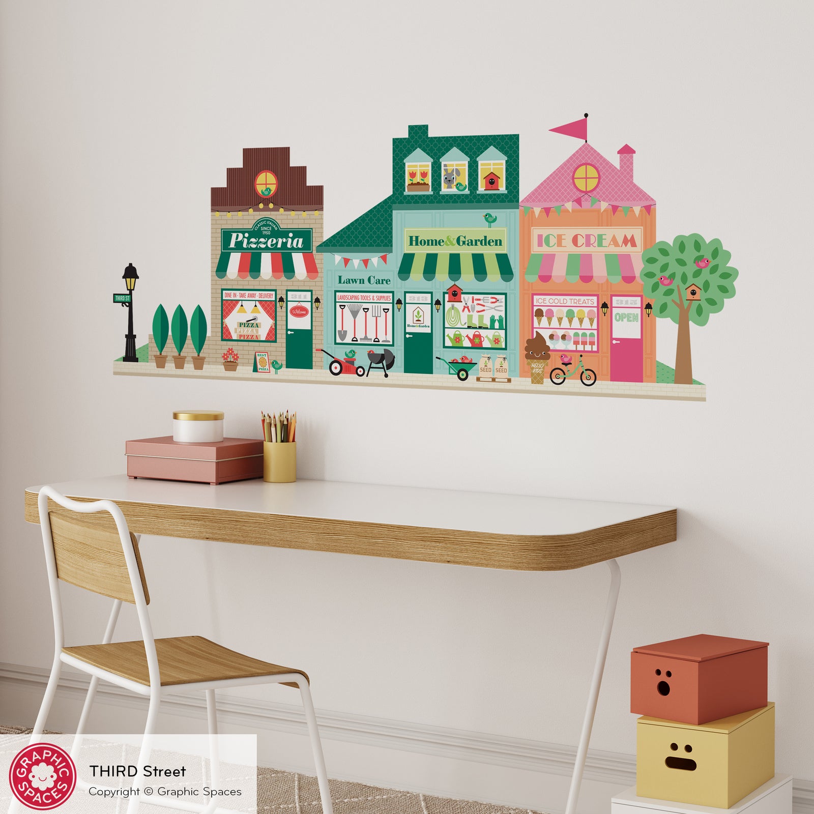 Kids Wall Decal - Happy Town 3rd St (Pizzeria, Home & Garden Store, Ice Cream Shop) - Graphic Spaces