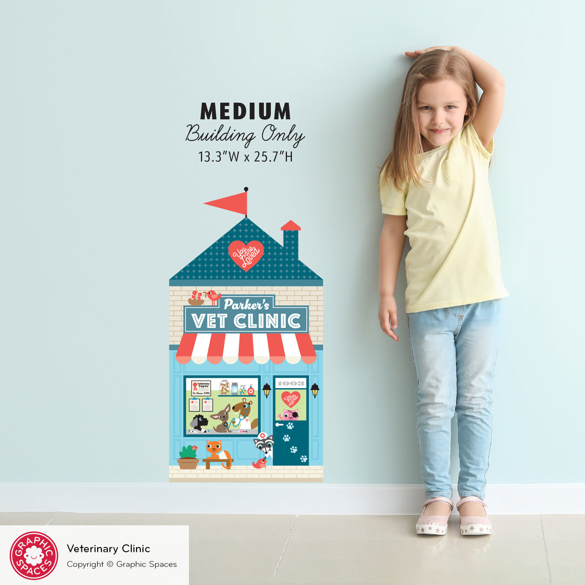 Kids Wall Decal - Happy Town Veterinary Clinic (Personalized) - MEDIUM Building - Graphic Spaces
