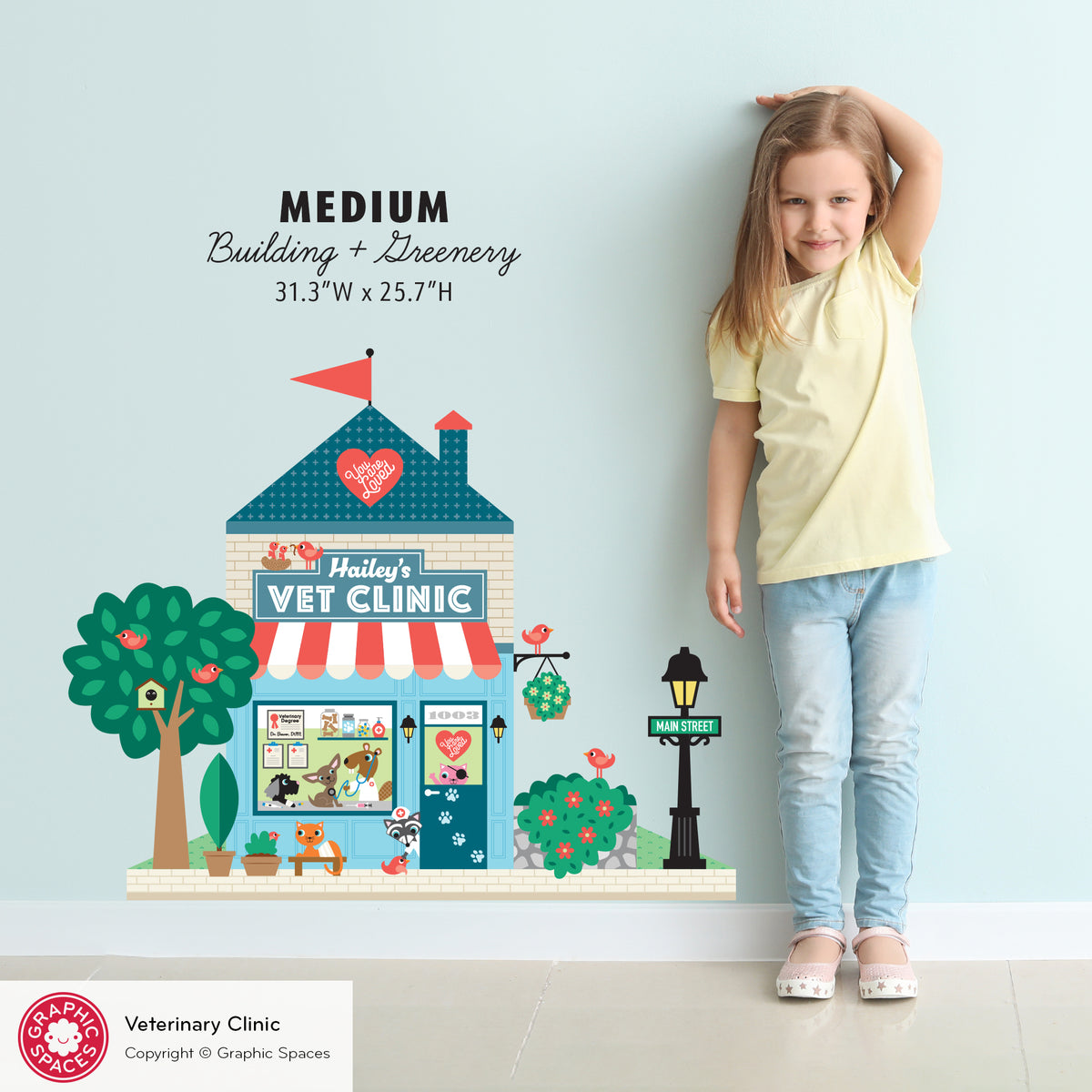Kids Wall Decal - Happy Town Veterinary Clinic (Personalized) - MEDIUM Building + Greenery - Graphic Spaces