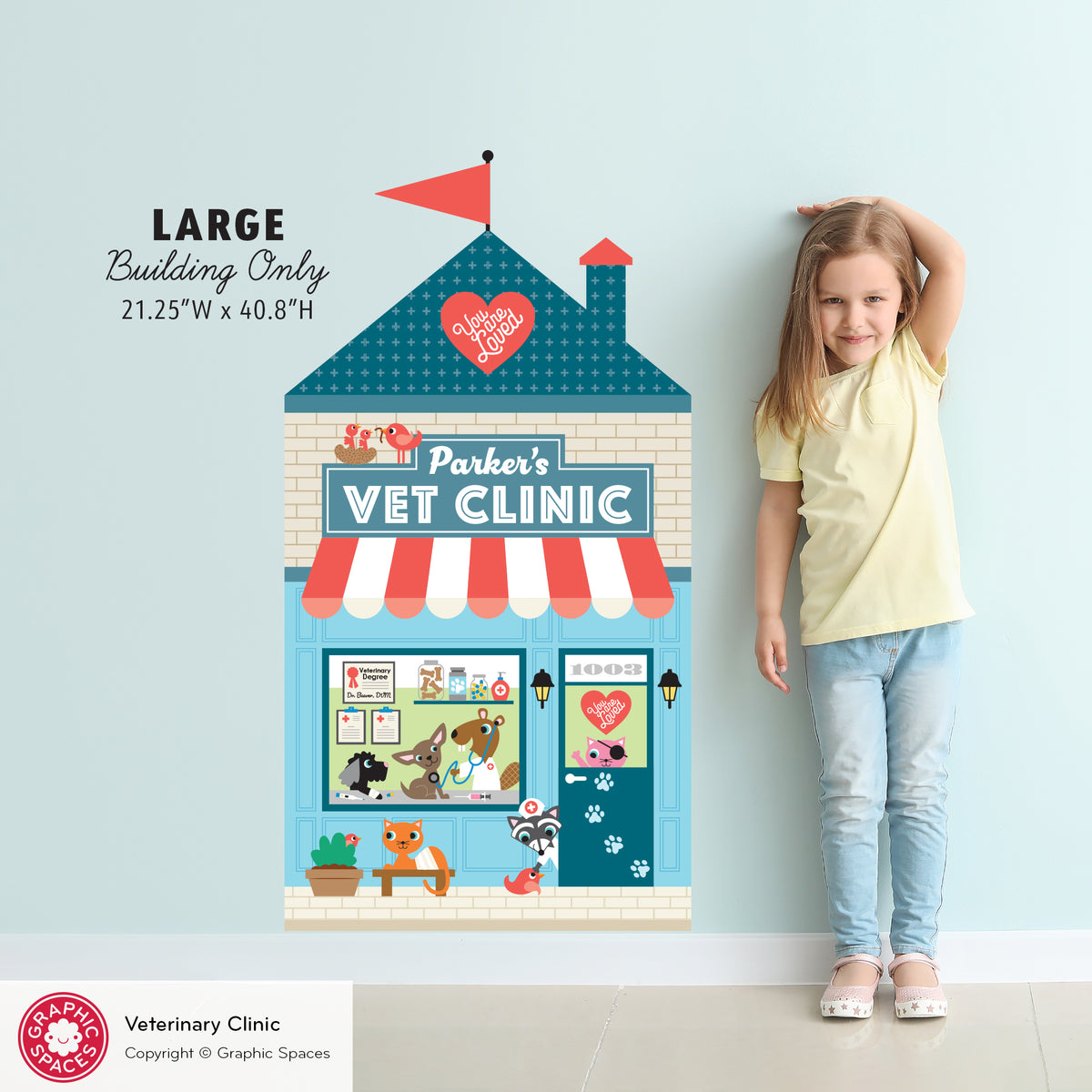 Kids Wall Decal - Happy Town Veterinary Clinic (Personalized) - LARGE Building - Graphic Spaces