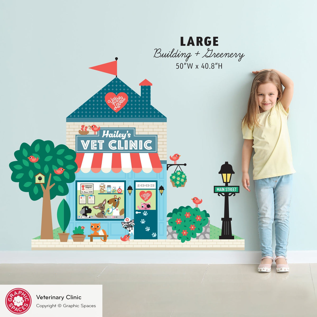 Kids Wall Decal - Happy Town Veterinary Clinic (Personalized) - LARGE Building + Greenery - Graphic Spaces