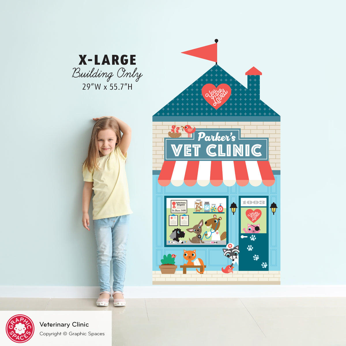 Kids Wall Decal - Happy Town Veterinary Clinic (Personalized) - X-LARGE Building - Graphic Spaces
