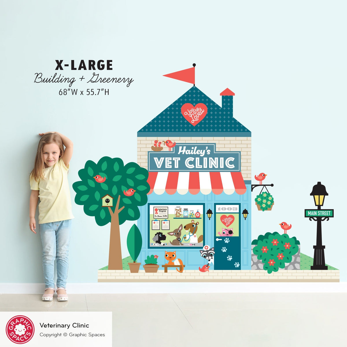 Kids Wall Decal - Happy Town Veterinary Clinic (Personalized) - X-LARGE Building + Greenery - Graphic Spaces