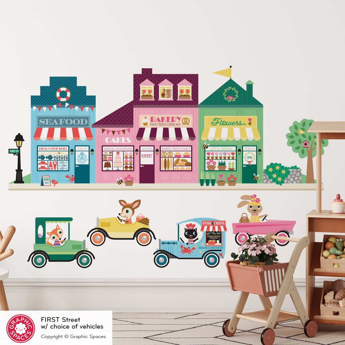 Happy Town Fabric Wall Decals - First Street (Seafood Market, Bakery, Flower Shop)