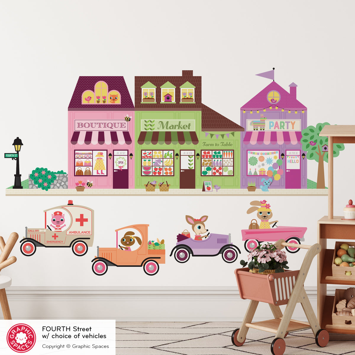 Happy Town Fabric Wall Decals - Fourth Street (Boutique, Food Market, Party Shop)