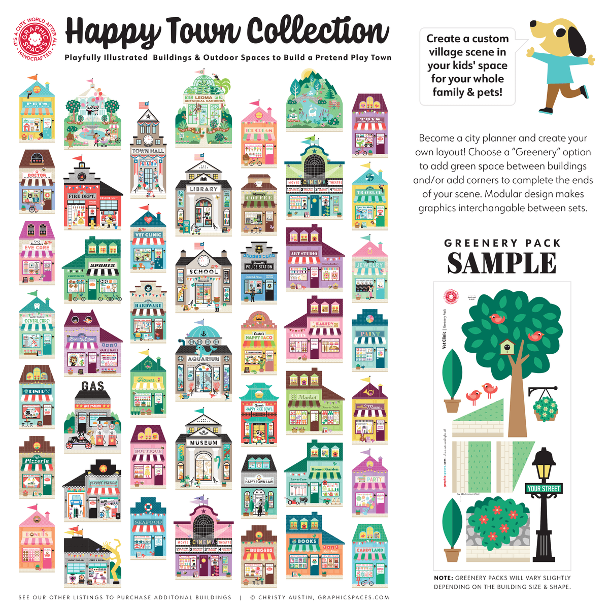 Happy Town Collection of 47 illustrated buildings and greenery to create your own a play town village street, featuring colorful market shops that can be personalized for your kids and family