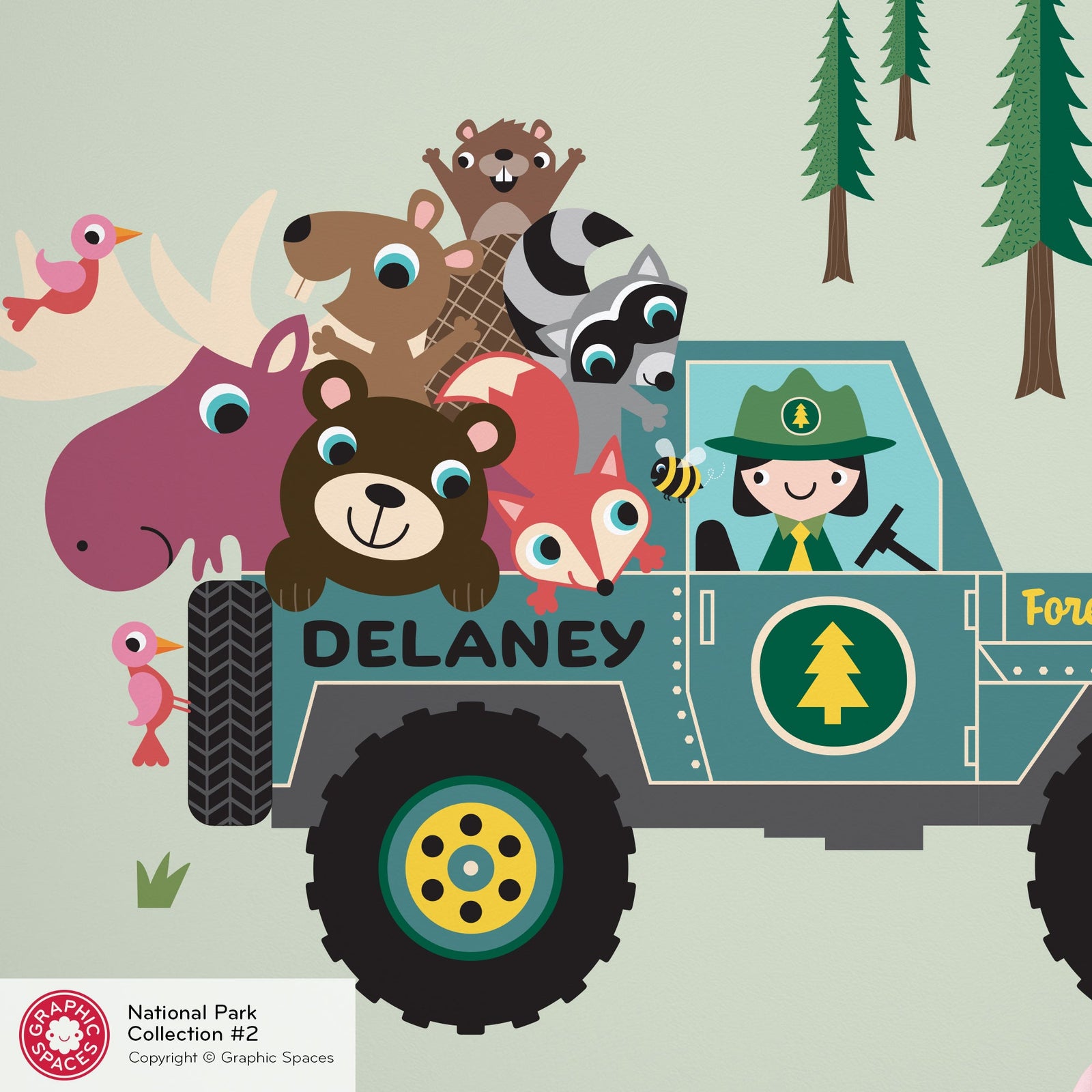 Wall Decal - Jeep Forest Ranger (Personalized, Girl) - Large Jeep - Graphic Spaces