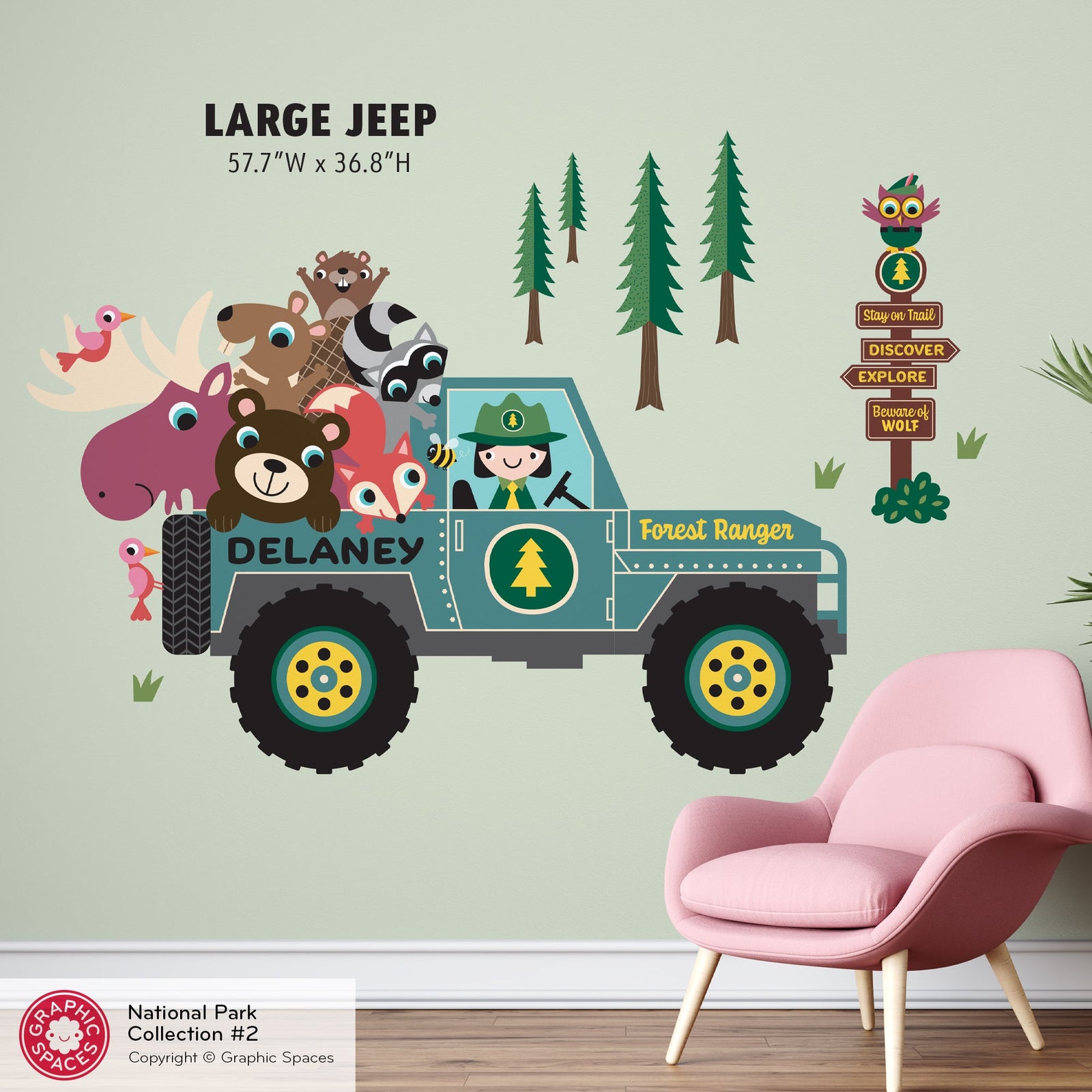 Wall Decal - Jeep Forest Ranger (Personalized, Girl) - Large Jeep - Graphic Spaces