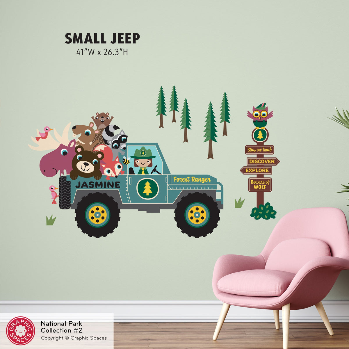 Wall Decal - Jeep Forest Ranger (Personalized, Girl) - Small Jeep - Graphic Spaces