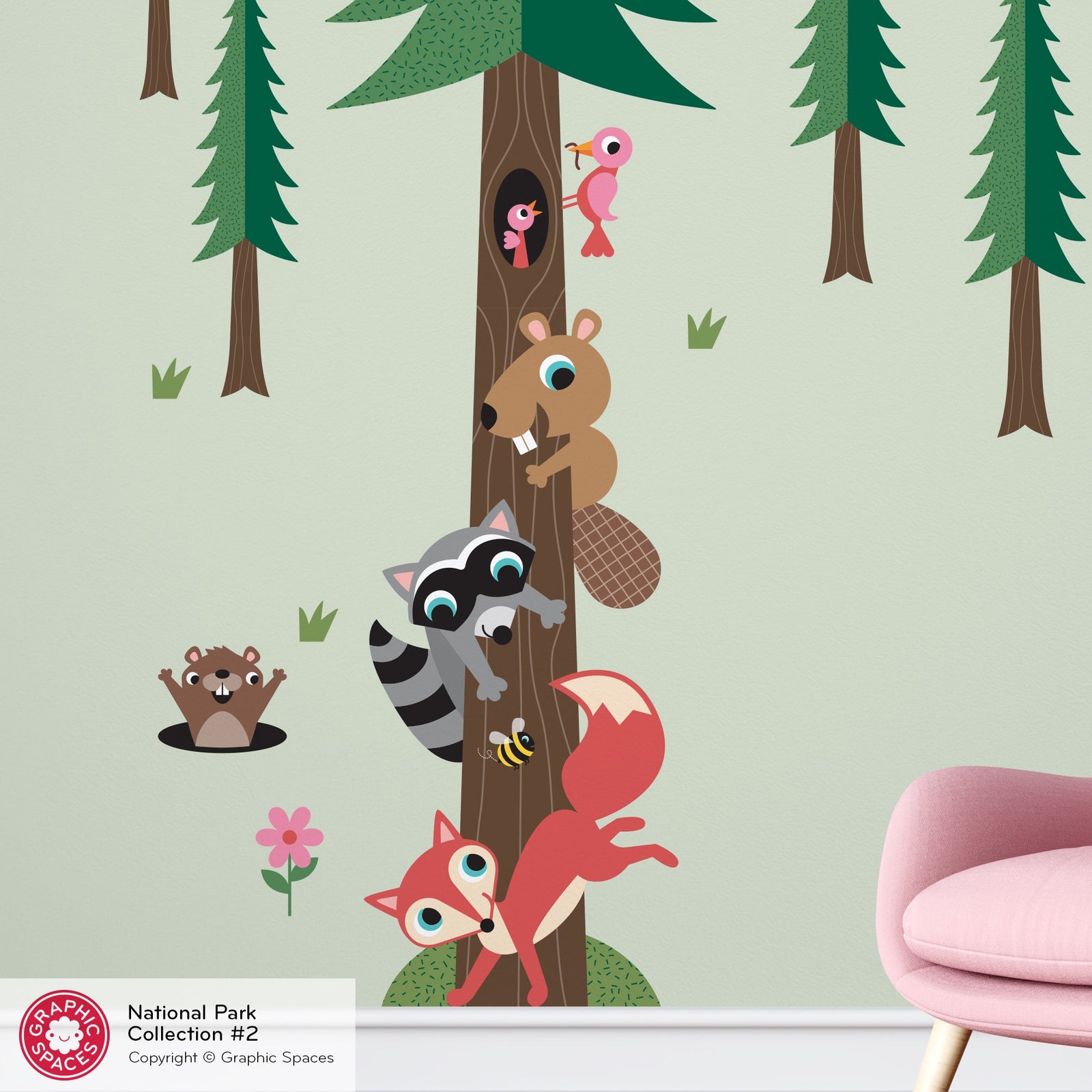 Wall Decal - National Forest Animal Stack Pine Tree - Palette 2 - 13 trees - Graphic Spaces