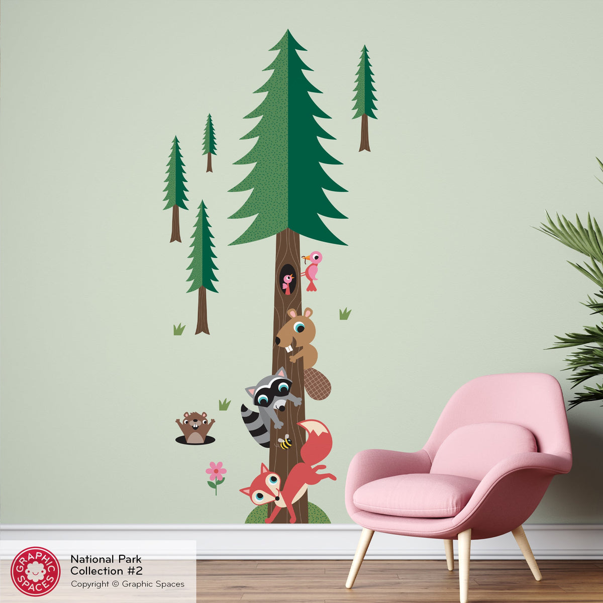 Wall Decal - National Forest Animal Stack Pine Tree - Palette 2 - 5 trees - Graphic Spaces
