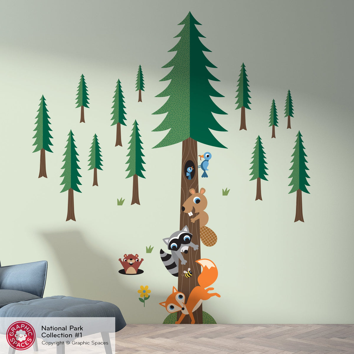 Wall Decal - National Forest Animal Stack Pine Tree - Palette 1 - 13 trees - Graphic Spaces
