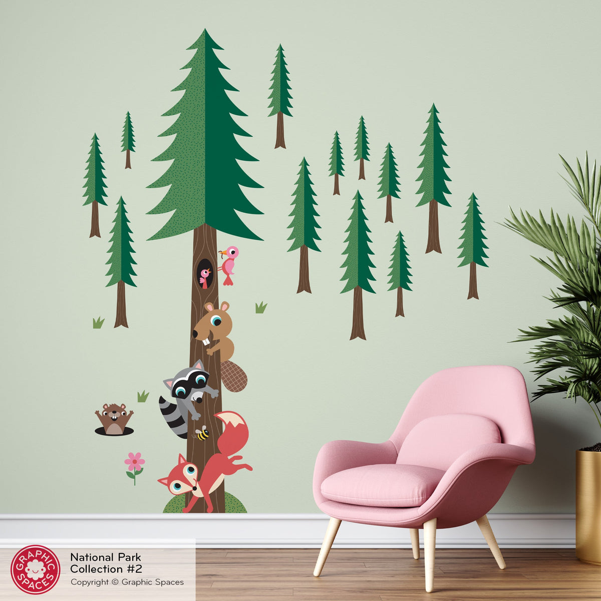 Wall Decal - National Forest Animal Stack Pine Tree - Palette 2 - 13 trees - Graphic Spaces