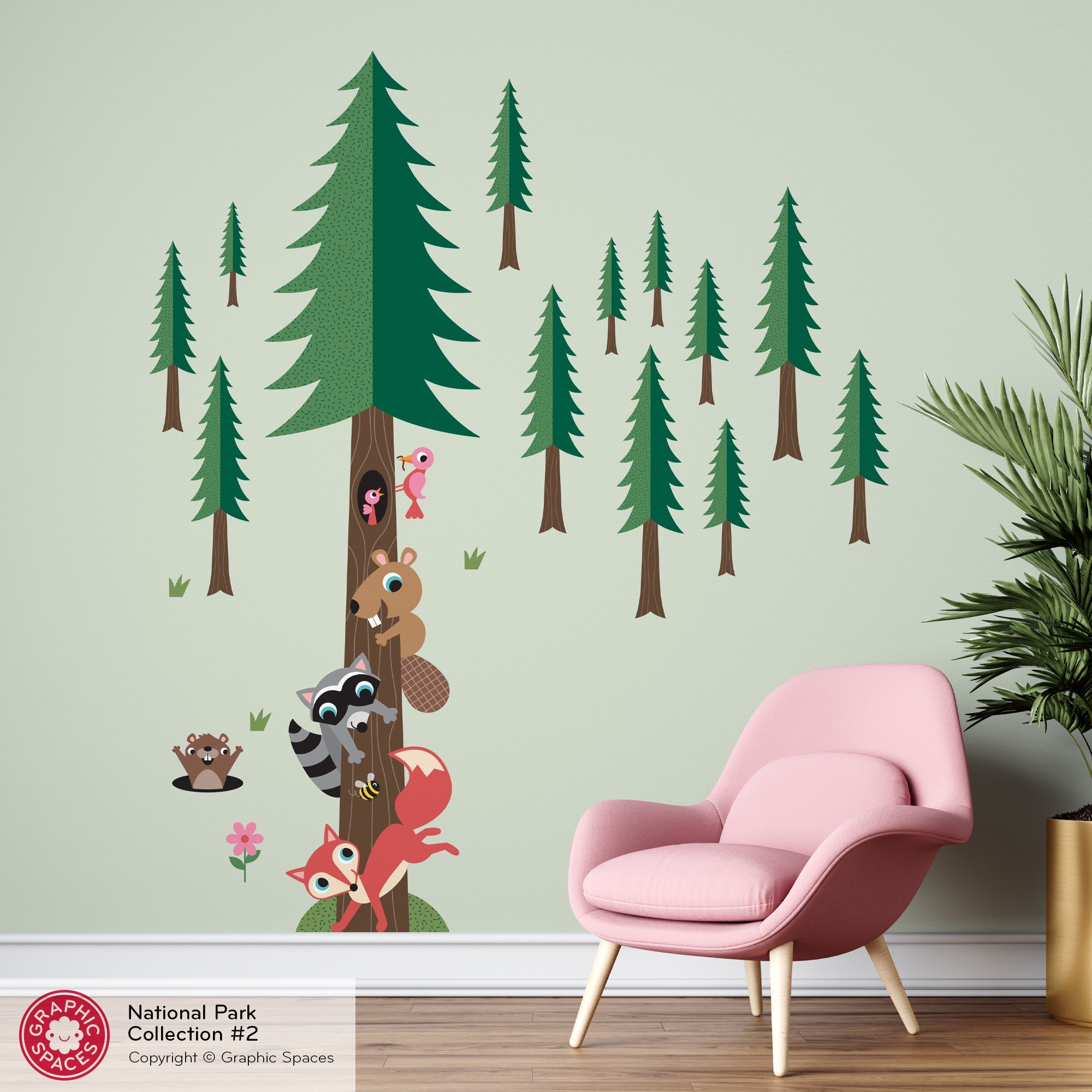 Wall Decal - National Forest Animal Stack Pine Tree - Palette 2 - 13 trees - Graphic Spaces