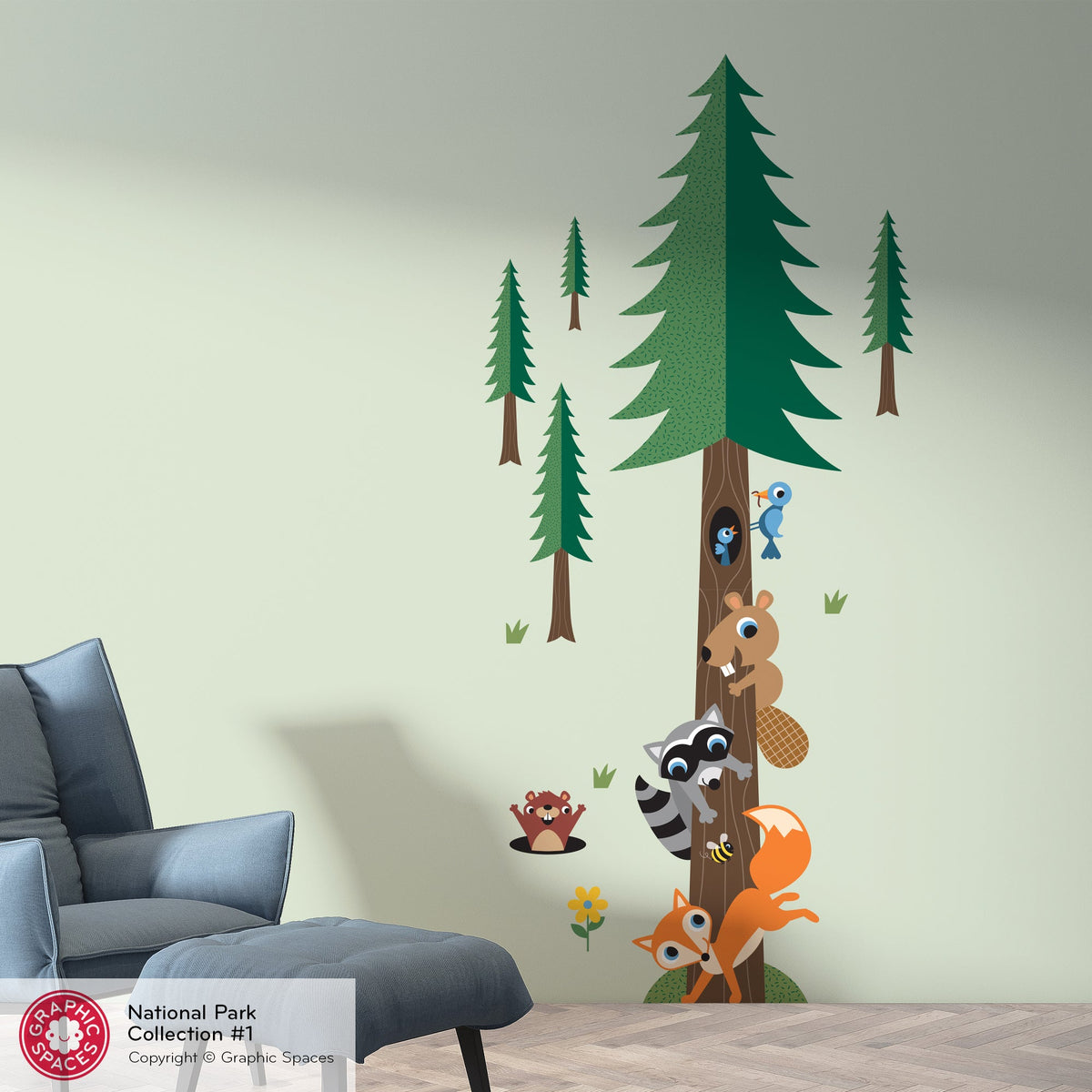 Wall Decal - National Forest Animal Stack Pine Tree - Palette 1 - 5 trees - Graphic Spaces