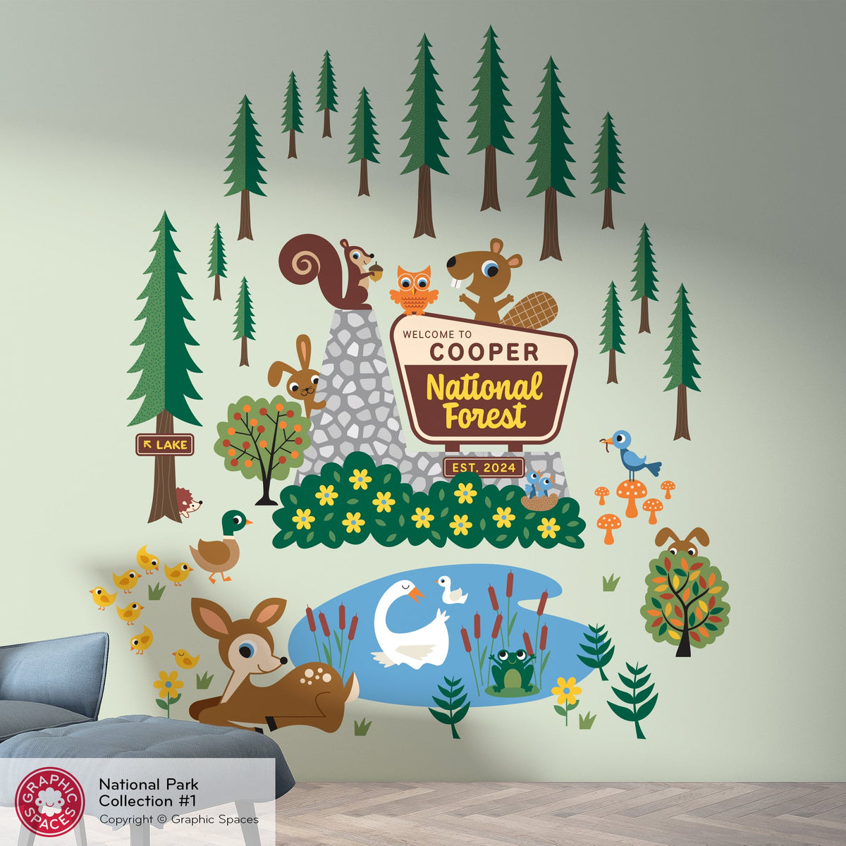 Wall Decal - National Forest Entrance Sign (Personalized) - Palette 1 - 14 trees - Graphic Spaces