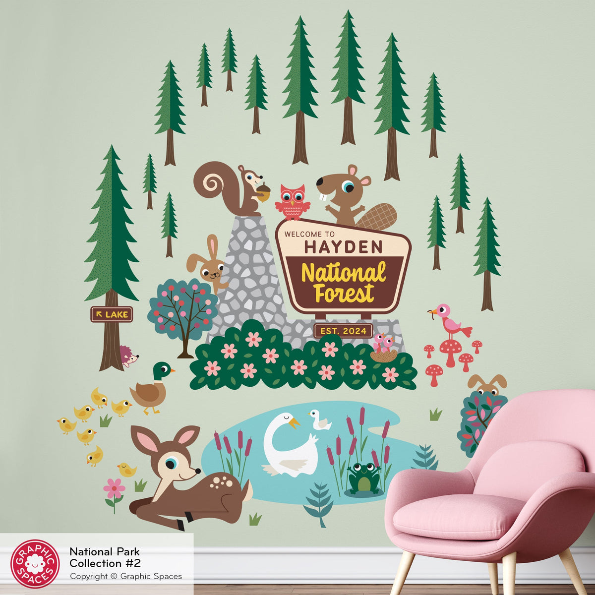 Wall Decal - National Forest Entrance Sign (Personalized) - Palette 2 - 14 trees - Graphic Spaces