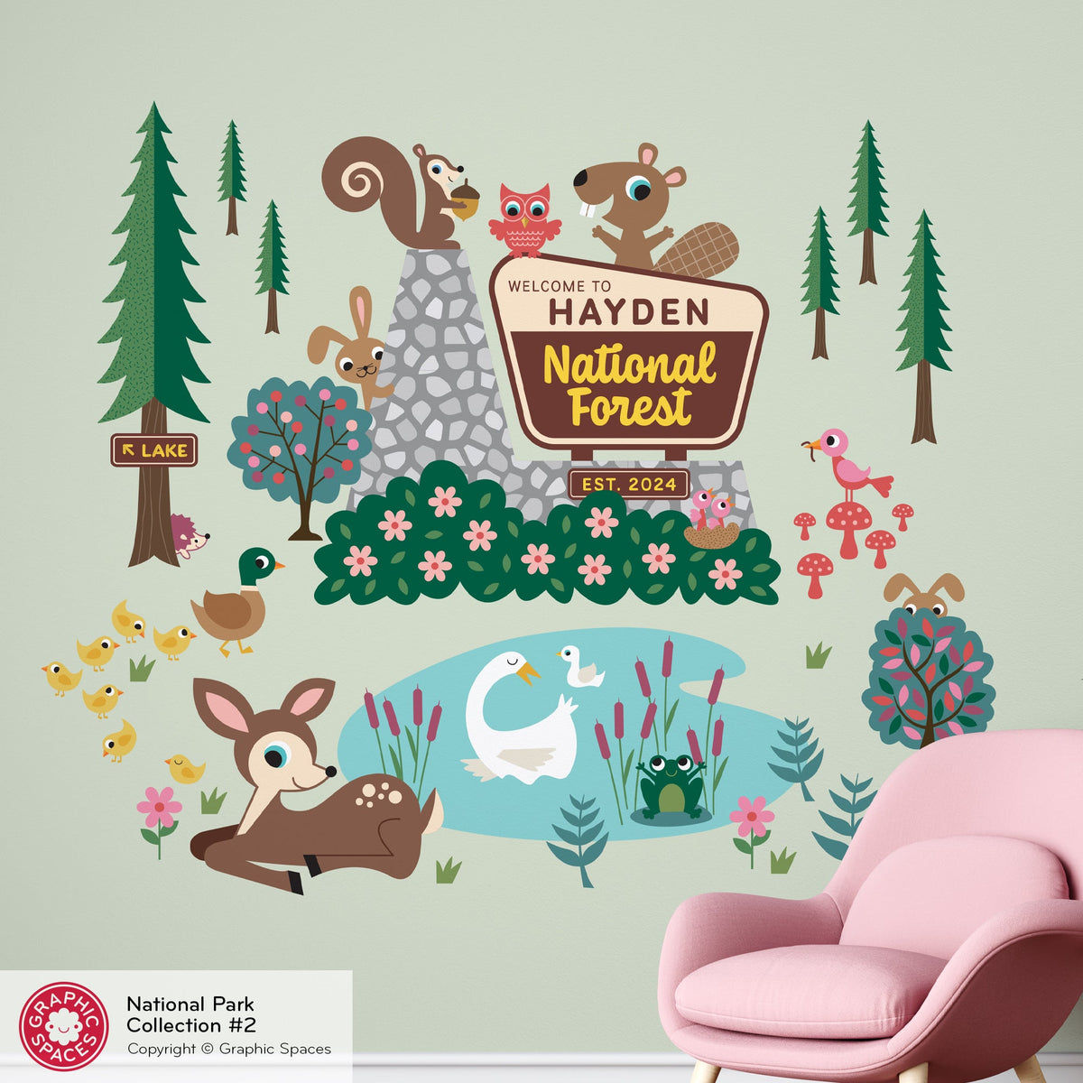 Wall Decal - National Forest Entrance Sign (Personalized) - Palette 2 - 6 trees - Graphic Spaces
