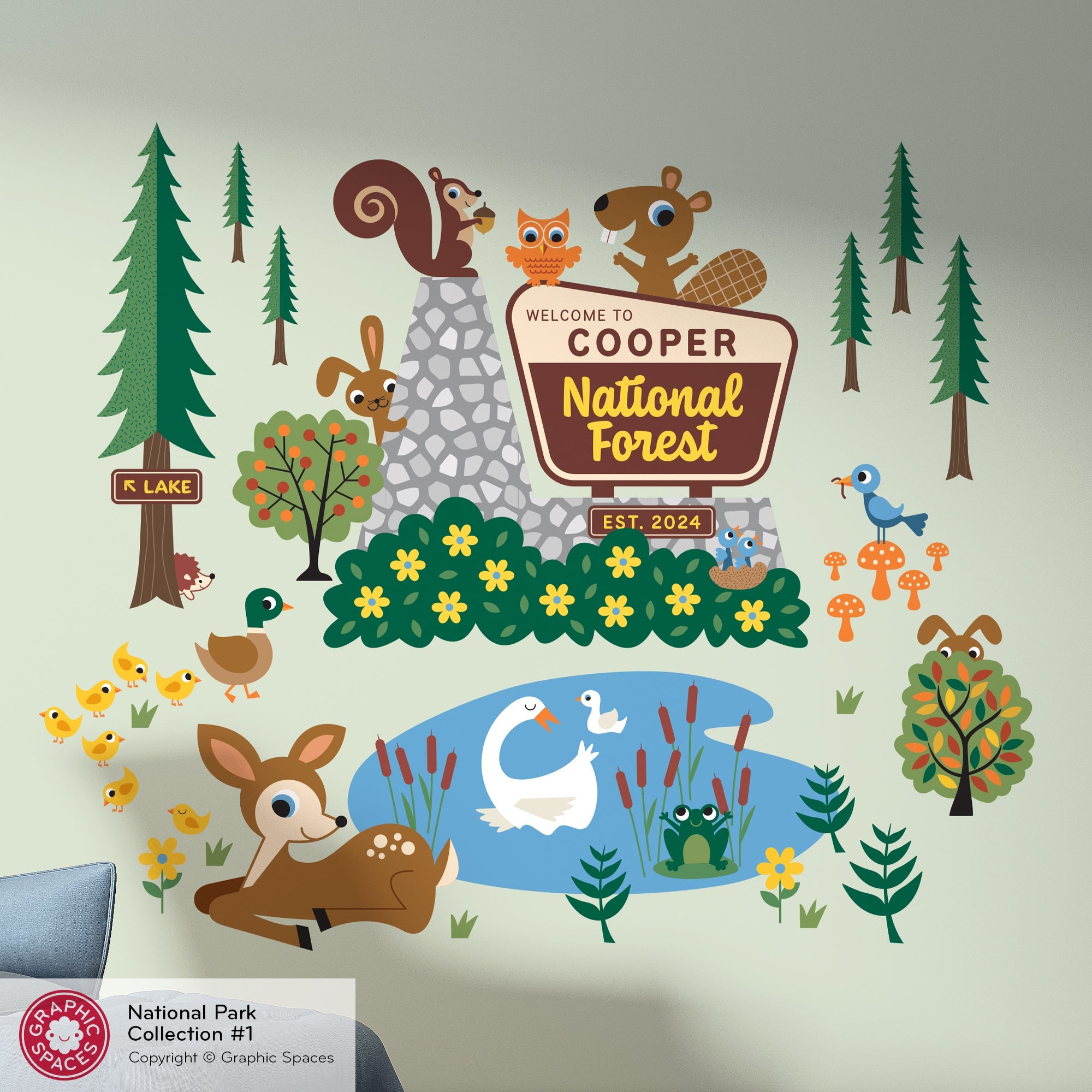 Wall Decal - National Forest Entrance Sign (Personalized) - Palette 1 - 6 trees - Graphic Spaces