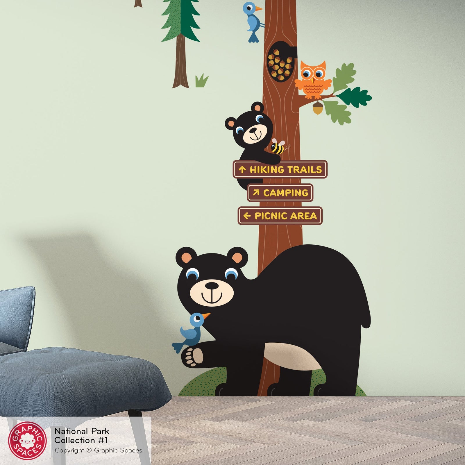 Wall Decal - National Forest Honey Bear Oak Tree - Palette 1 - 4 trees - Graphic Spaces