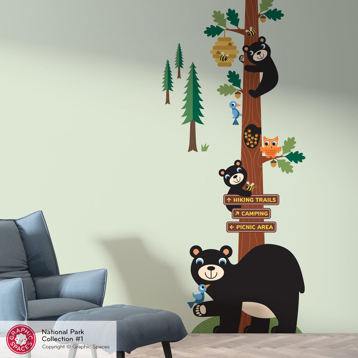 Wall Decal - National Forest Honey Bear Oak Tree - Palette 1 - 4 trees - Graphic Spaces