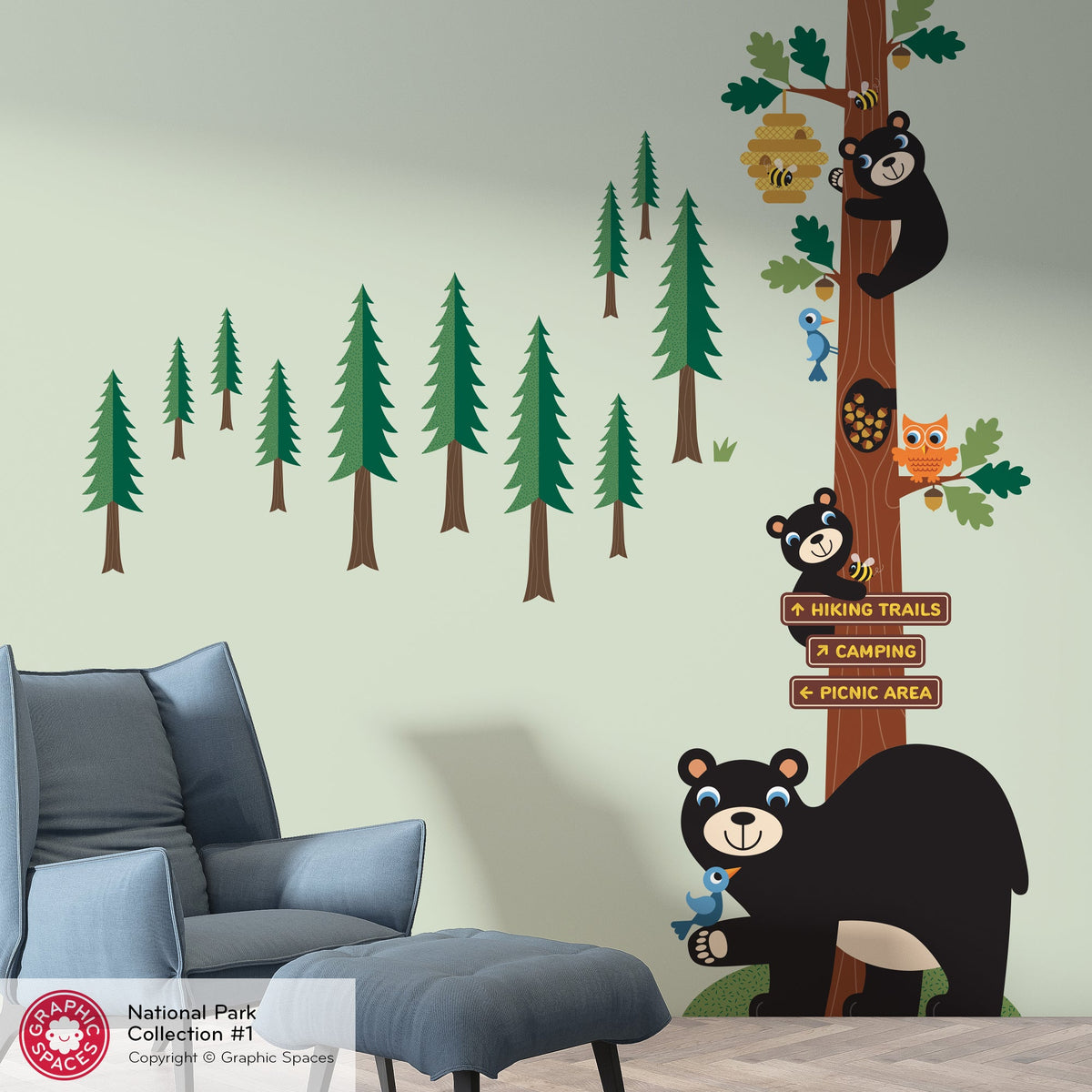 Wall Decal - National Forest Honey Bear Oak Tree - Palette 1 - 12 trees - Graphic Spaces