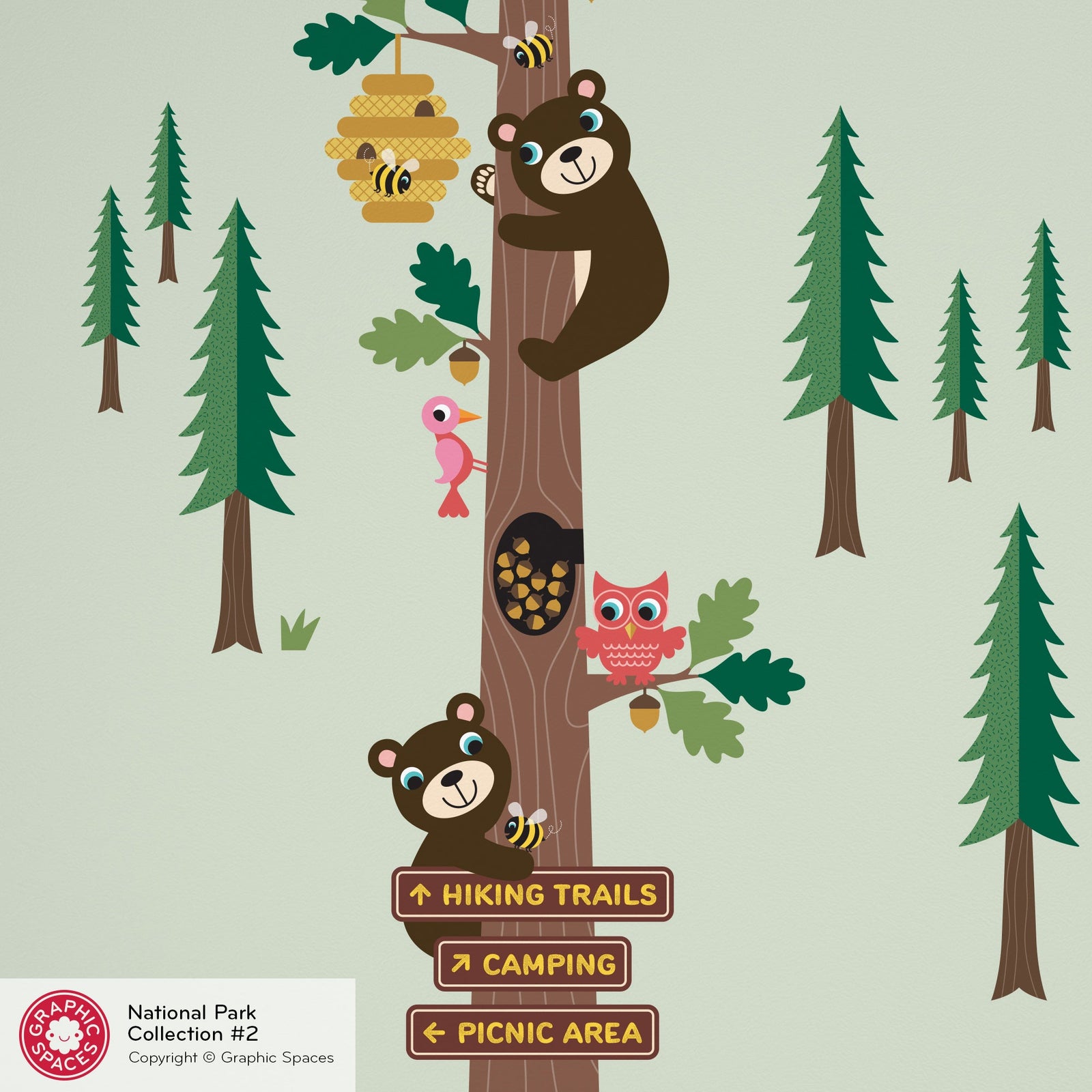 Wall Decal - National Forest Honey Bear Oak Tree - Palette 1 - 4 trees - Graphic Spaces