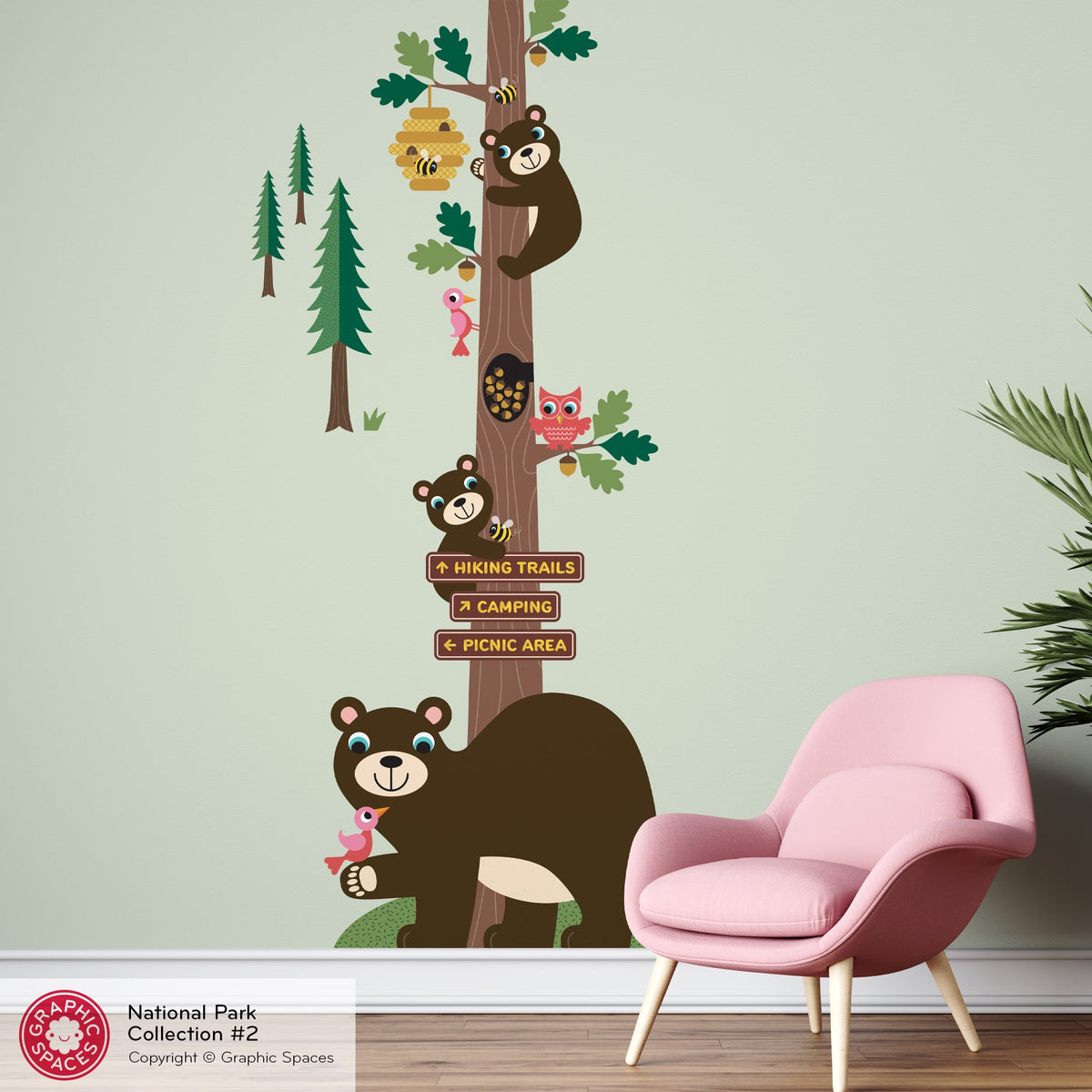 Wall Decal - National Forest Honey Bear Oak Tree - Palette 2 - 4 trees - Graphic Spaces