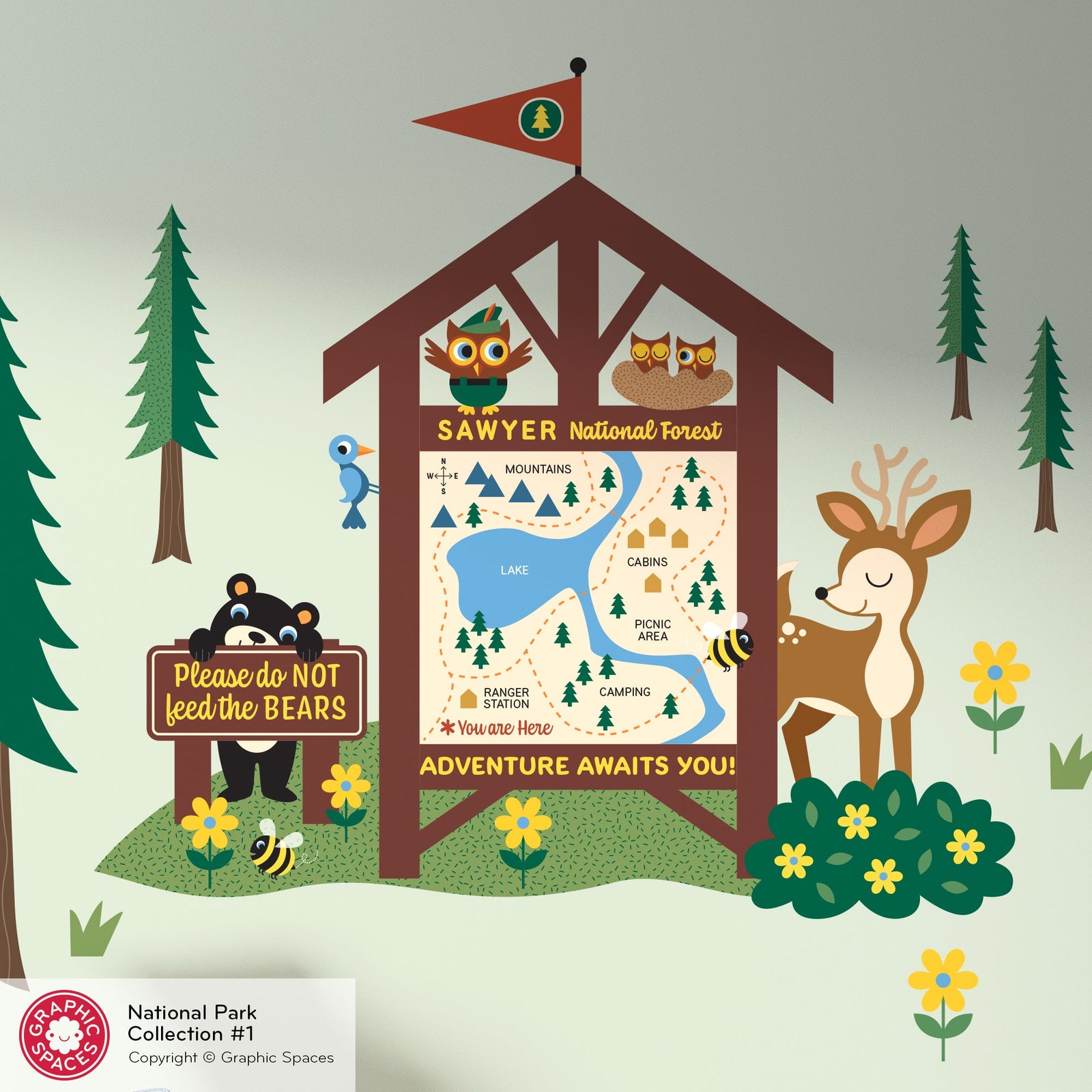 Wall Decal - National Forest Map Station (Personalized) - Palette 1 - 4 trees - Graphic Spaces