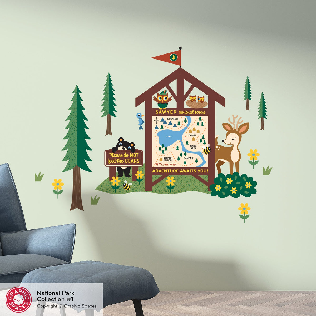 Wall Decal - National Forest Map Station (Personalized) - Palette 1 - 4 trees - Graphic Spaces