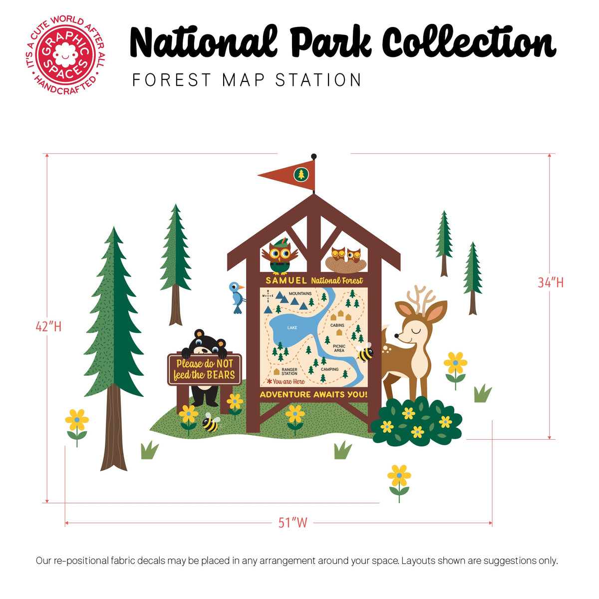 Wall Decal - National Forest Map Station (Personalized) - Palette 1 - 4 trees - Graphic Spaces