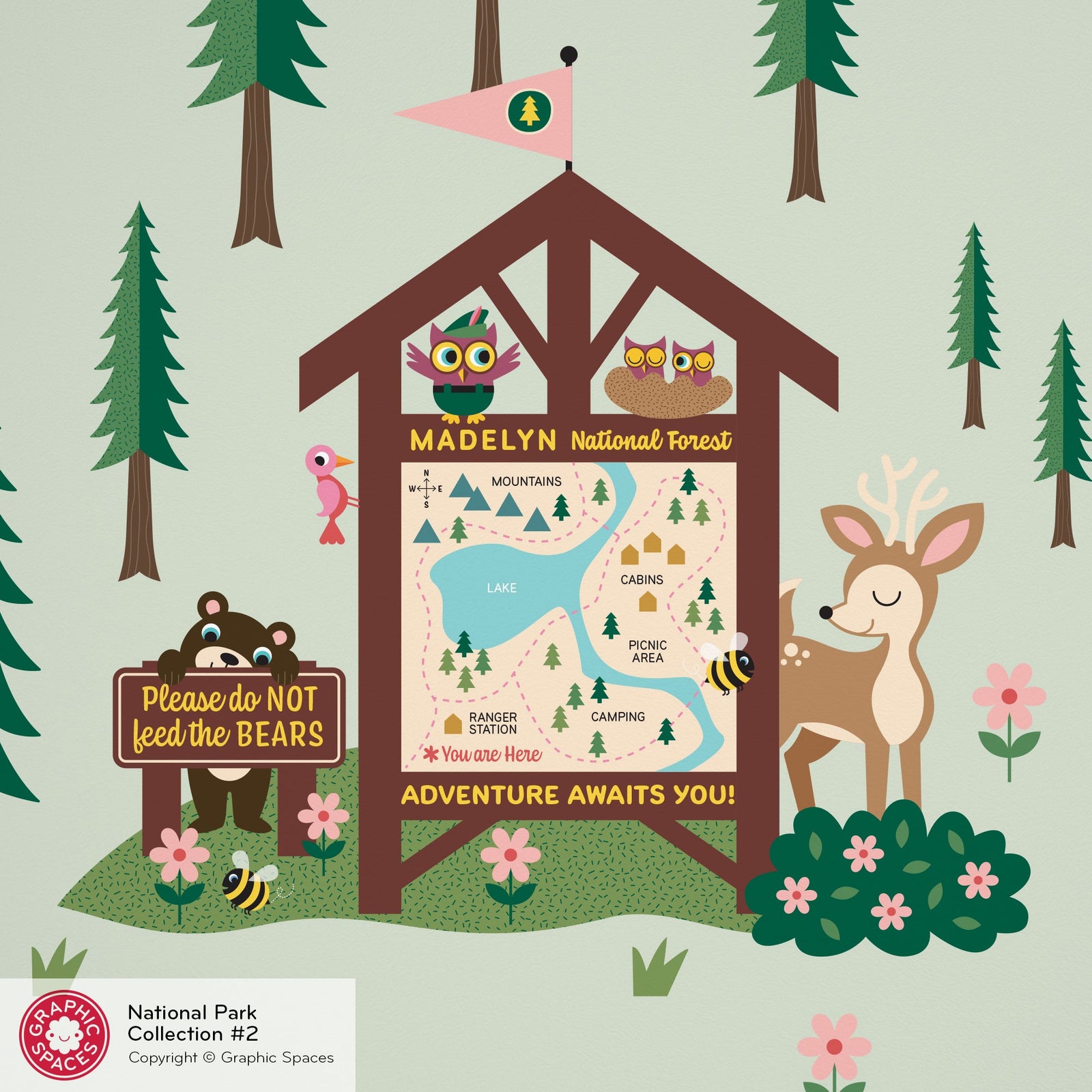 Wall Decal - National Forest Map Station (Personalized) - Palette 1 - 4 trees - Graphic Spaces