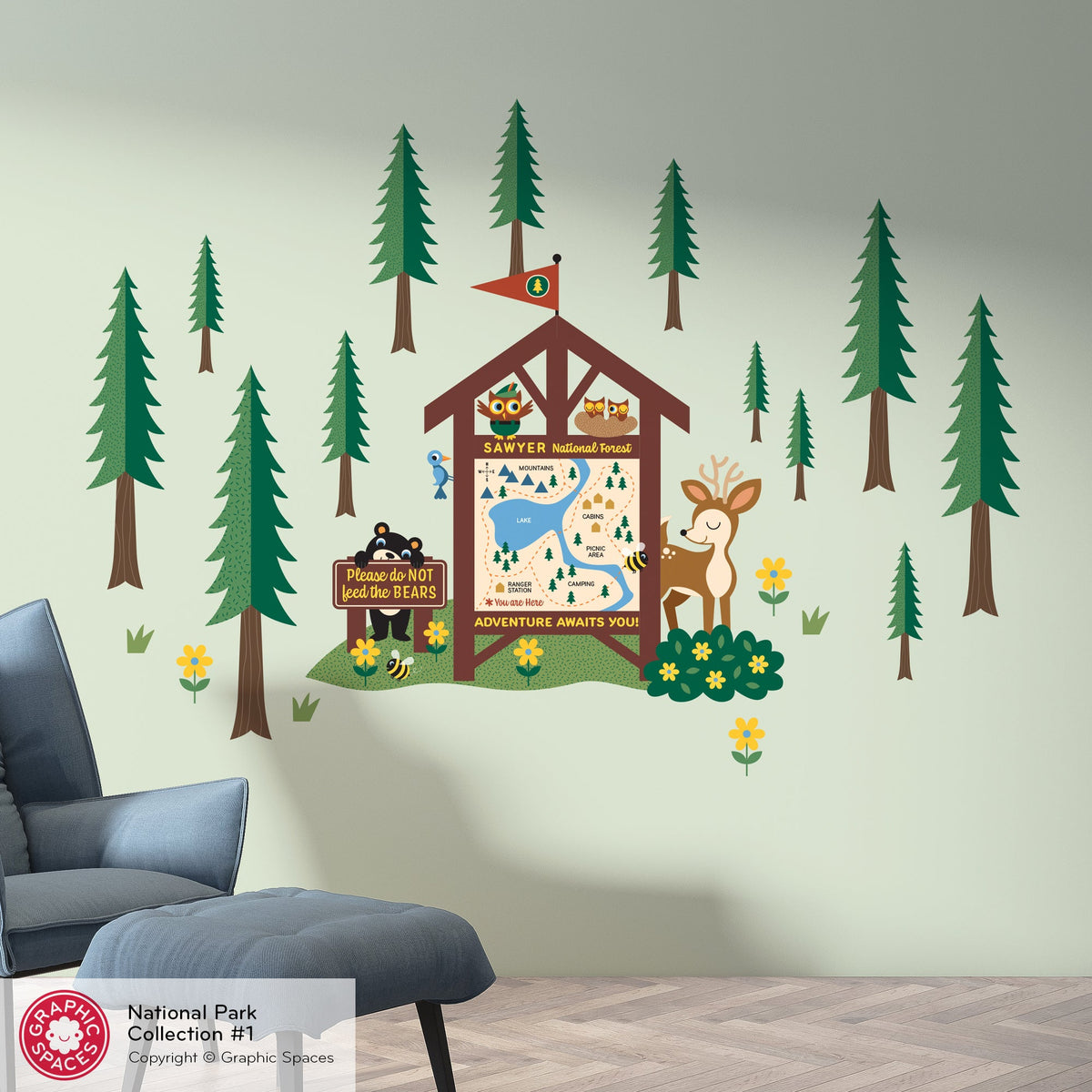 Wall Decal - National Forest Map Station (Personalized) - Palette 1 - 12 trees - Graphic Spaces