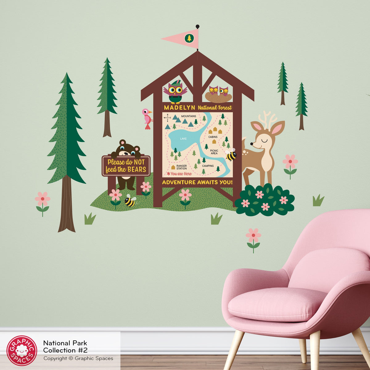 Wall Decal - National Forest Map Station (Personalized) - Palette 2 - 4 trees - Graphic Spaces
