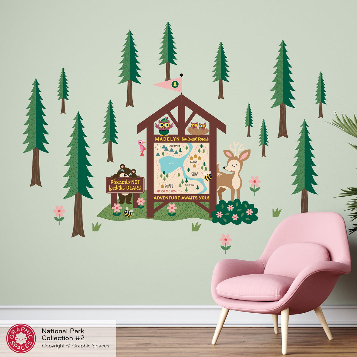 Wall Decal - National Forest Map Station (Personalized) - Palette 2 - 12 trees - Graphic Spaces