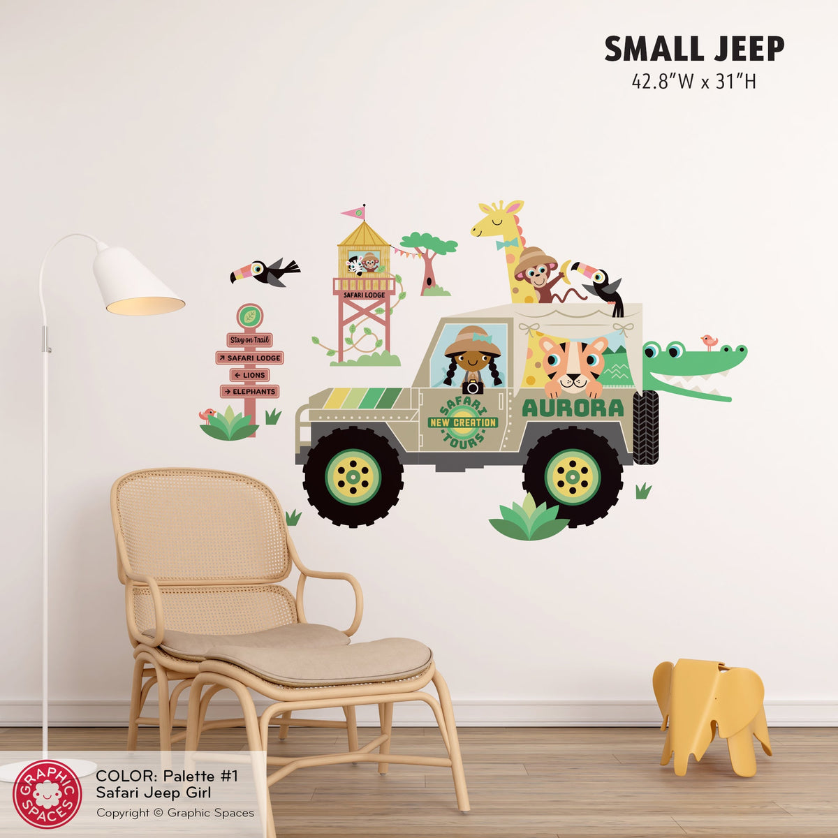 Wall Decal - Safari Jeep Tours (Personalized, Girl) - Small Jeep - Graphic Spaces