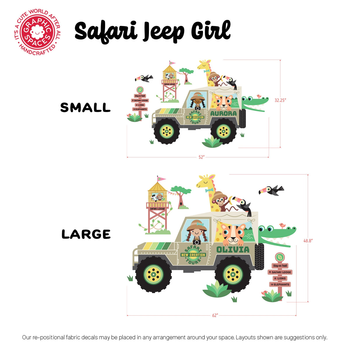 Wall Decal - Safari Jeep Tours (Personalized, Girl) - Small Jeep - Graphic Spaces