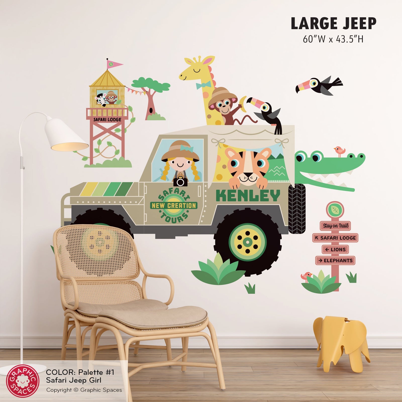 Wall Decal - Safari Jeep Tours (Personalized, Girl) - Large Jeep - Graphic Spaces