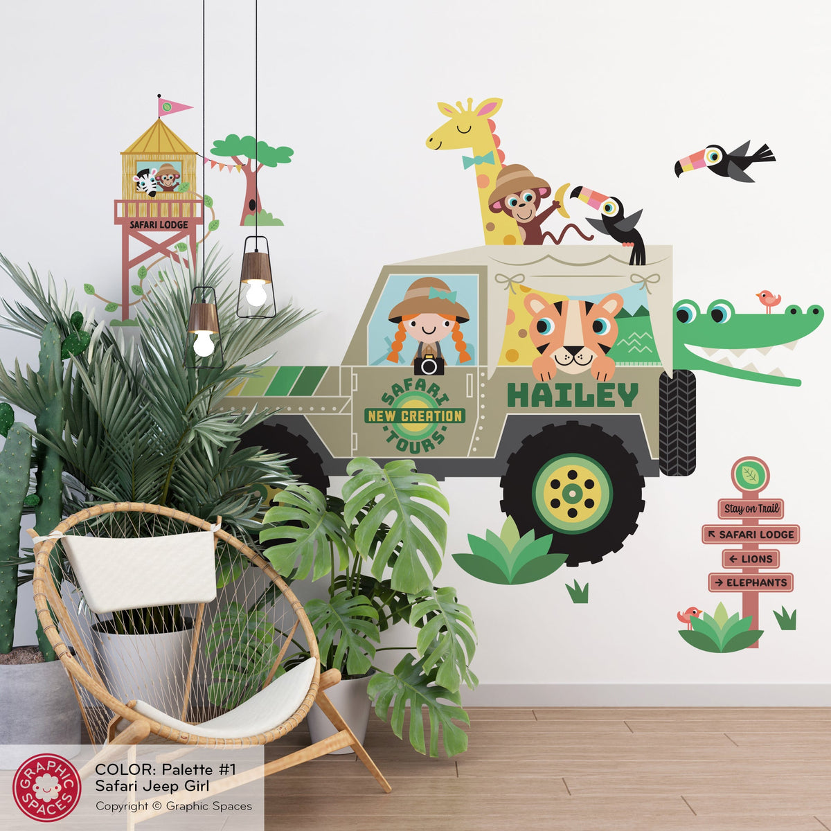 Wall Decal - Safari Jeep Tours (Personalized, Girl) - Large Jeep - Graphic Spaces