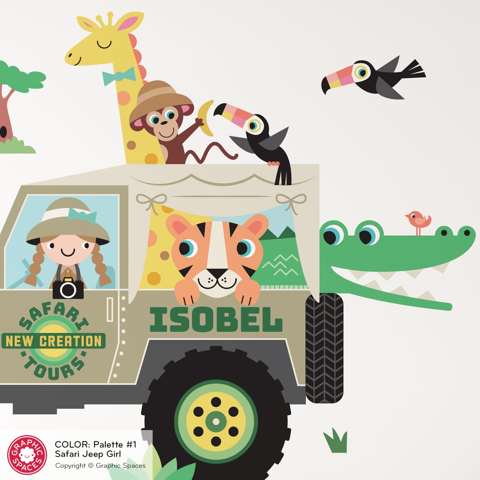Wall Decal - Safari Jeep Tours (Personalized, Girl) - Large Jeep - Graphic Spaces