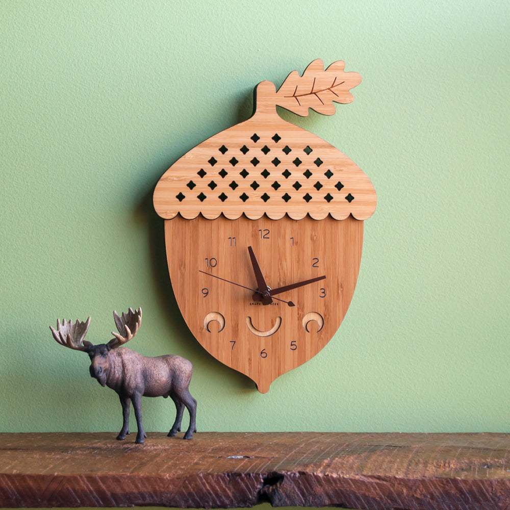 Wooden Acorn Nursery Wall Clock, Bamboo, Chocolate Hands.