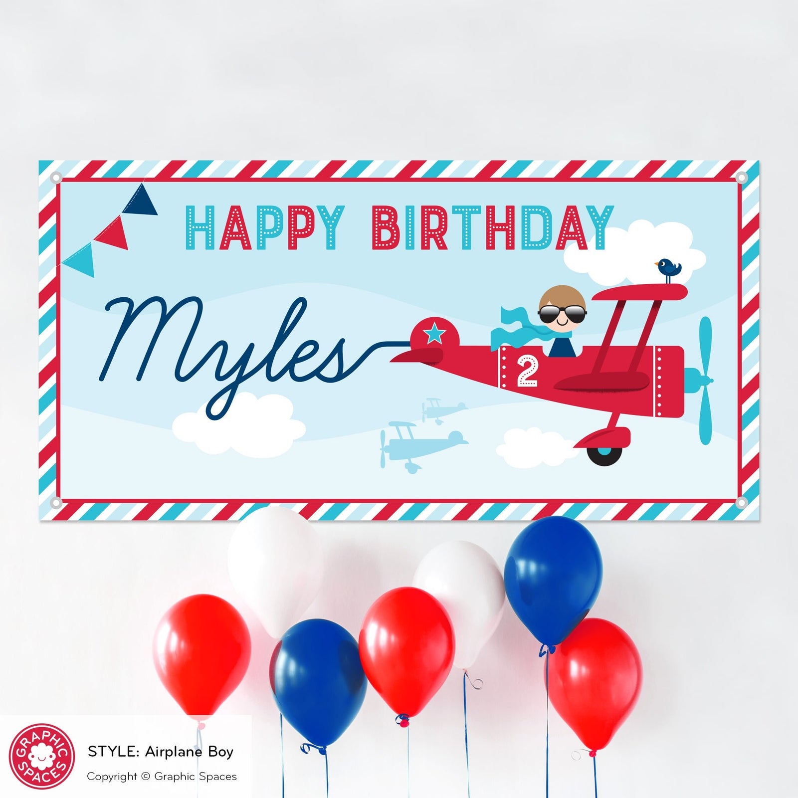 Kids Banner - Airplane Birthday Party (Personalized, Boy) - Graphic Spaces